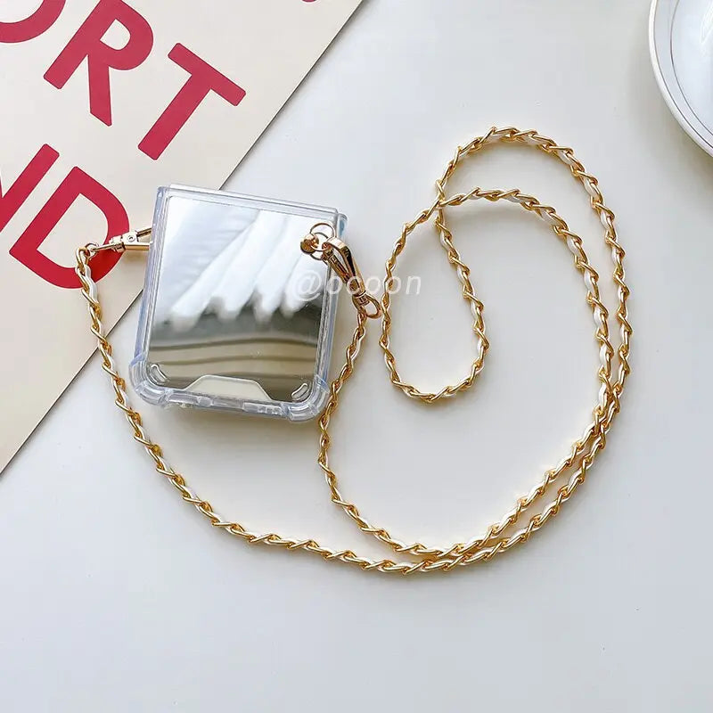 Mirror Case For Samsung Galaxy Z Flip 4 /3 Cover Fashion Makeup Necklace Lanyard StrapChain Shockproof - theroxymob