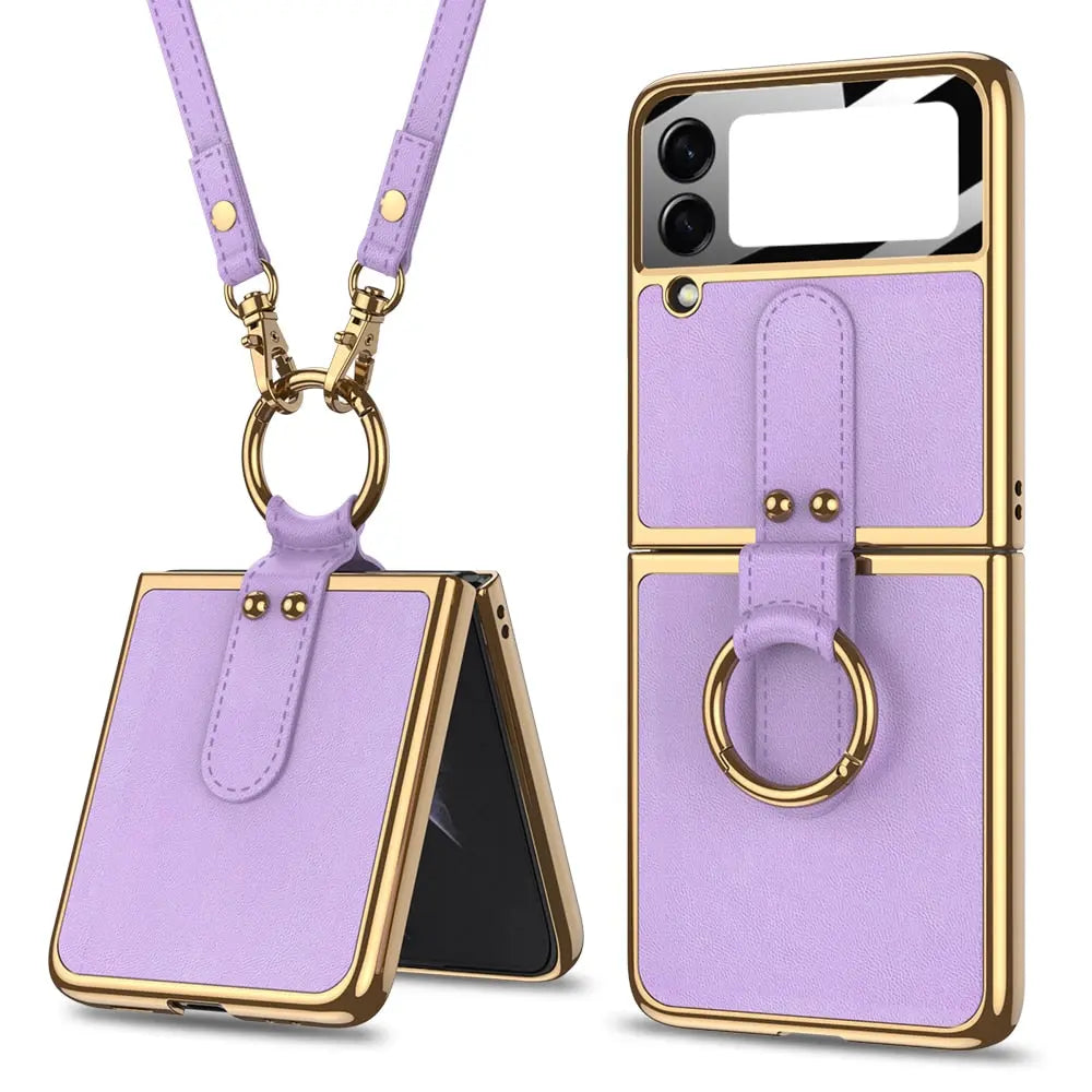 Original Case For Samsung Galaxy Z Flip 4/3 Case Luxury Plating Leather Strap Ring Stand Hard Cover - theroxymob