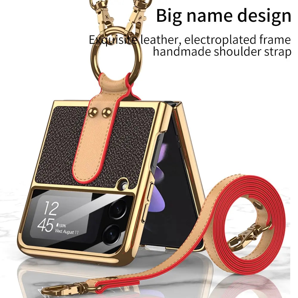 Original Case For Samsung Galaxy Z Flip 4/3 Case Luxury Plating Leather Strap Ring Stand Hard Cover - theroxymob