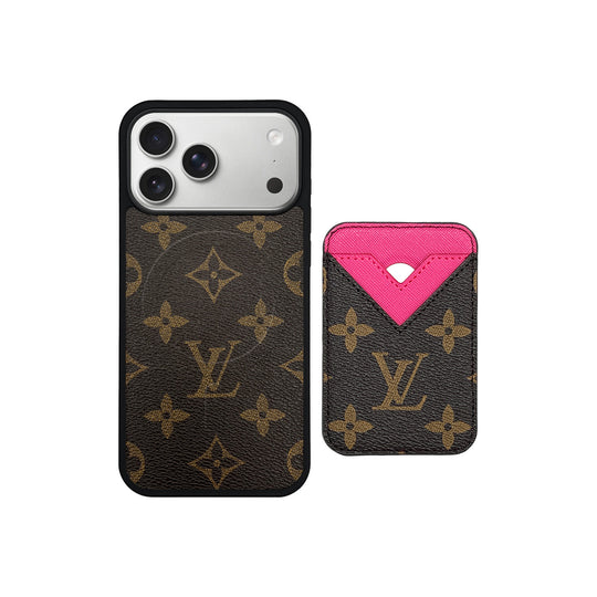 Set Magsafe Cardholder Orange LV Monogram Brown with Case For iPhone 12-17 Series