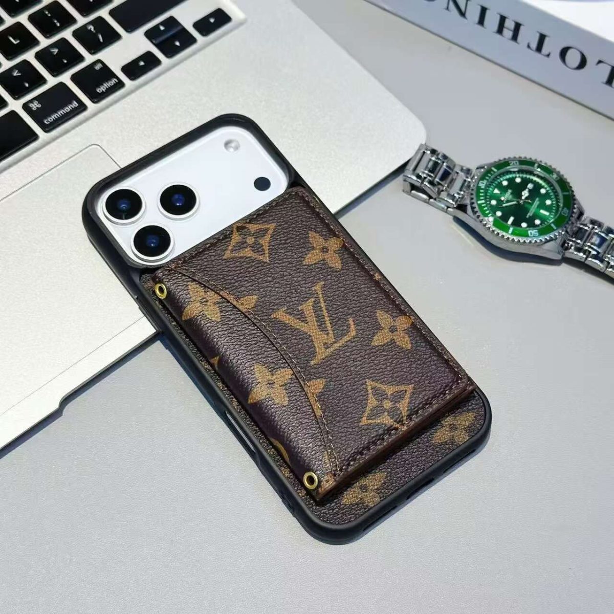 Luxury Card Holder Wallet LV Style Phone Case for iPhone 12-17 Series
