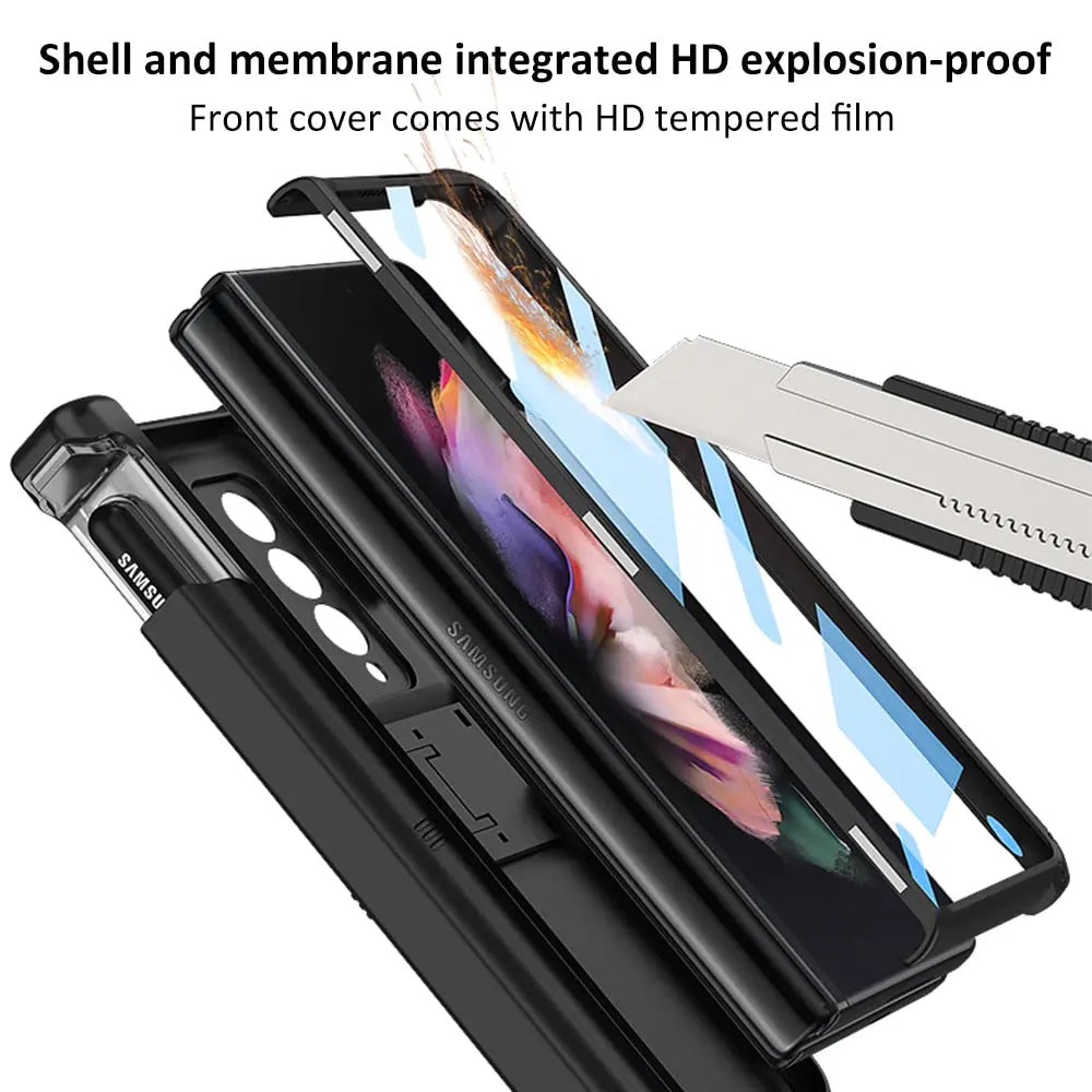 For Samsung Galaxy Z Fold4 All included Slide Pen Case With Back Screen Glass Hinge Holder Phone Cover - theroxymob