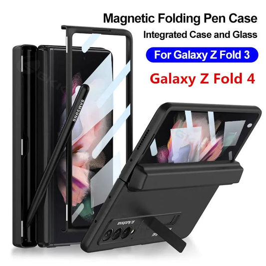 Magnetic Frame Stand All - included Screen Glass Film Case With Hidden S Pen Slot -Case With Pen For Samsung Galaxy Z Fold 4 /3 5G - theroxymob
