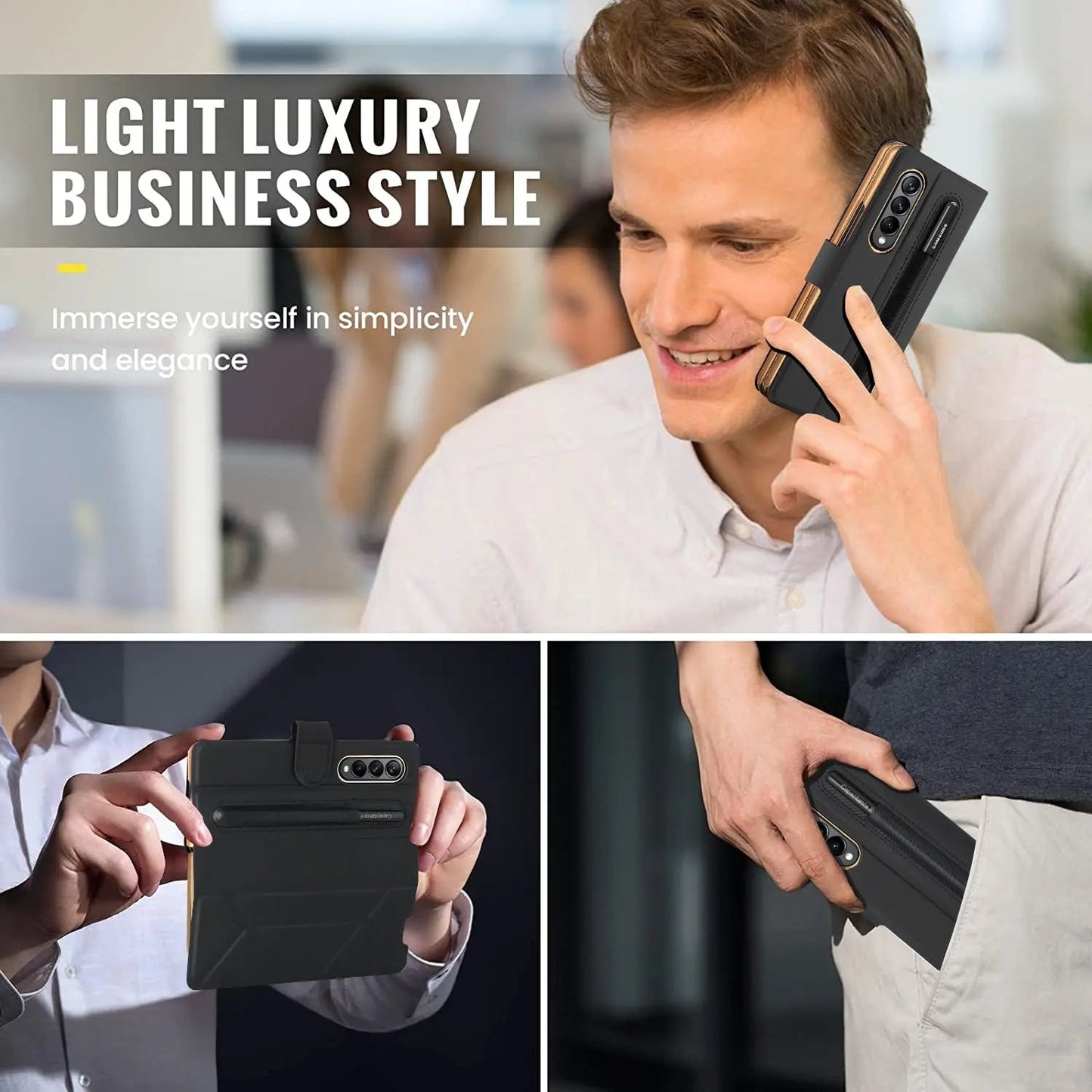 For Samsung Galaxy Z Fold 4 Case Luxury Texture Leather With Pen Holder Slot Screen Protector Shockproof Folding Cover - theroxymob
