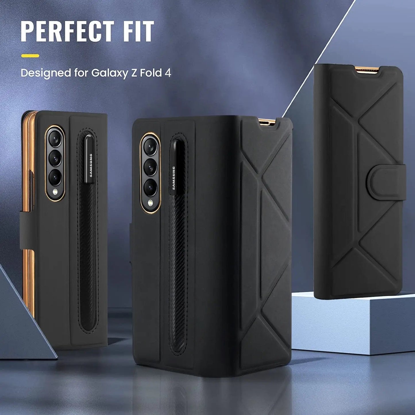 For Samsung Galaxy Z Fold 4 Case Luxury Texture Leather With Pen Holder Slot Screen Protector Shockproof Folding Cover - theroxymob
