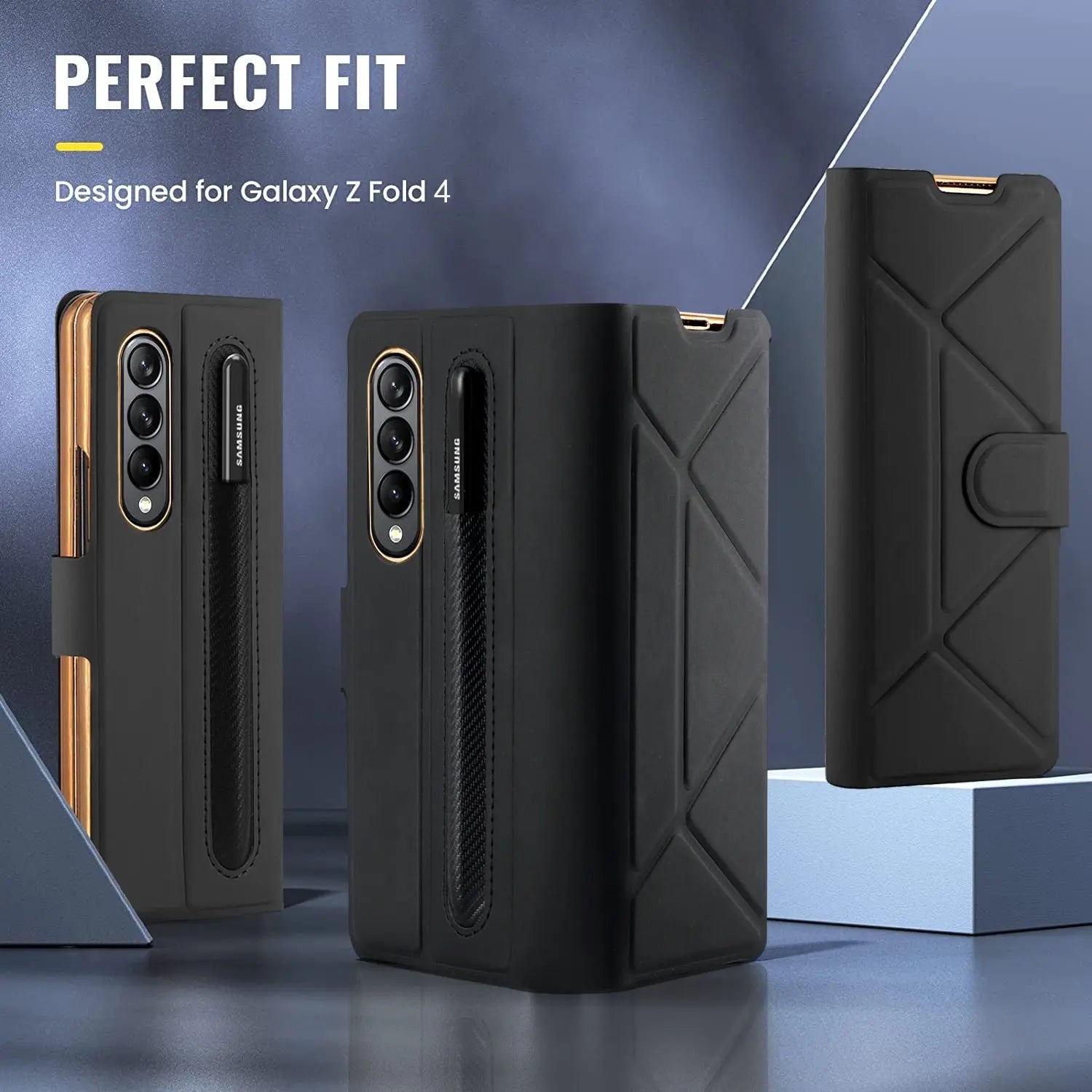 For Samsung Galaxy Z Fold 4 Case Luxury Texture Leather With Pen Holder Slot Screen Protector Shockproof Folding Cover - theroxymob