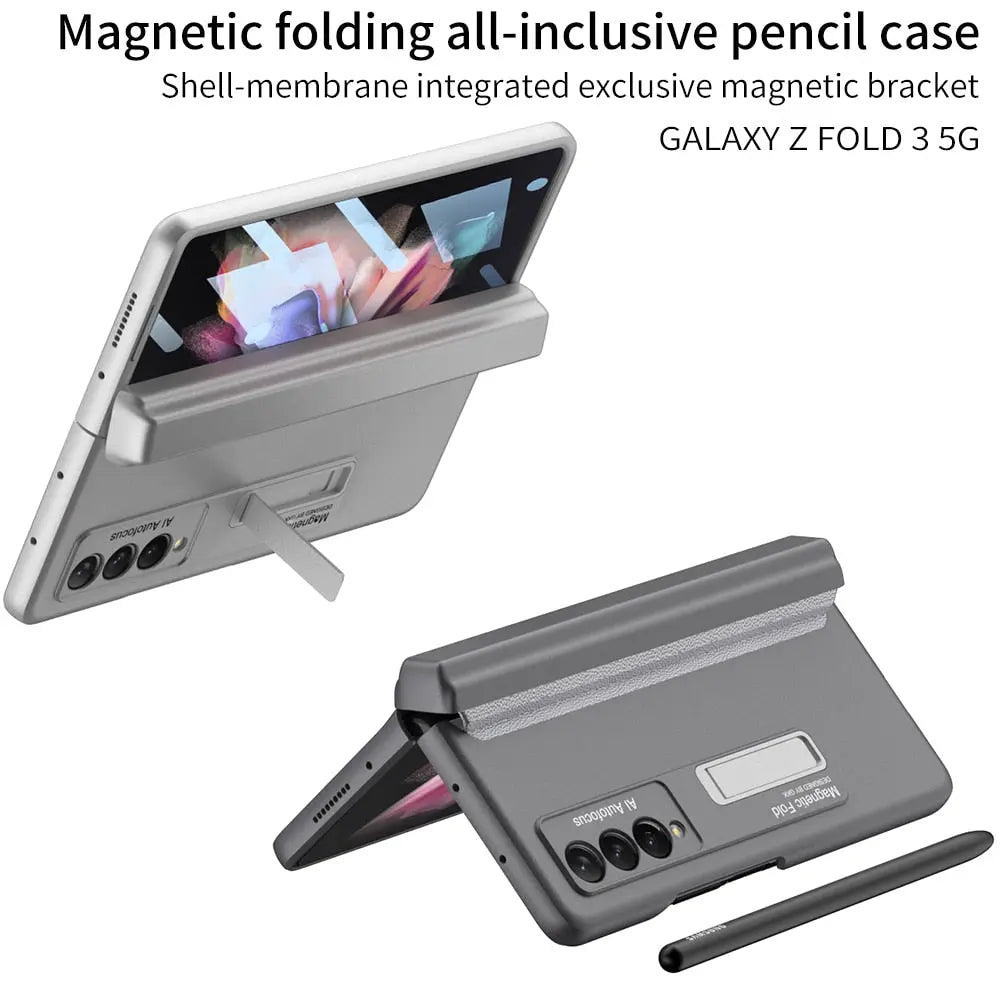 Magnetic Frame Stand All - included Screen Glass Film Case With Hidden S Pen Slot -Case With Pen For Samsung Galaxy Z Fold 4 /3 5G - theroxymob