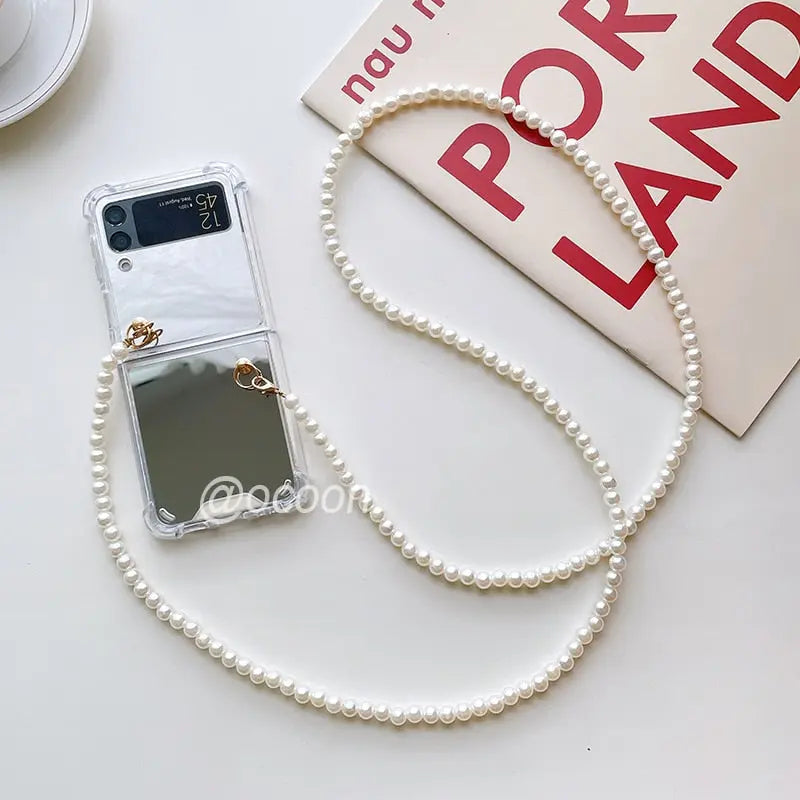 Mirror Case For Samsung Galaxy Z Flip 4 /3 Cover Fashion Makeup Necklace Lanyard StrapChain Shockproof - theroxymob