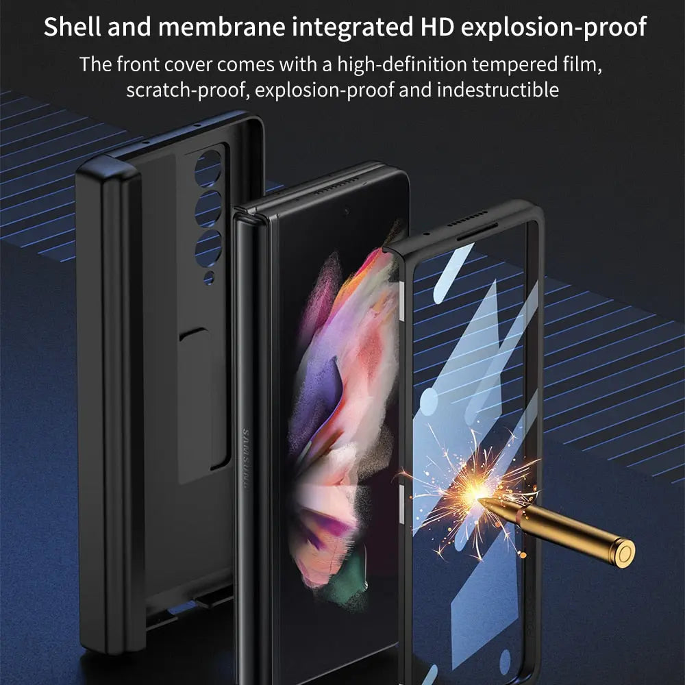 Magnetic Frame Stand All - included Screen Glass Film Case With Hidden S Pen Slot -Case With Pen For Samsung Galaxy Z Fold 4 /3 5G - theroxymob