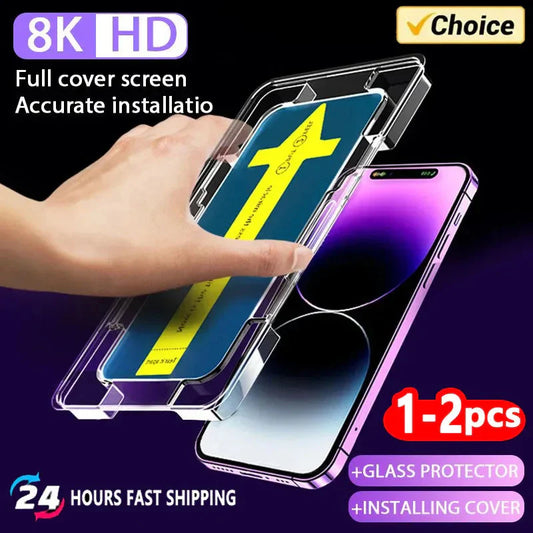 1-2Pc 8K High End Tempered Glass For iPhone Series Screen Protector With Alignment Mounting Cover theroxymob