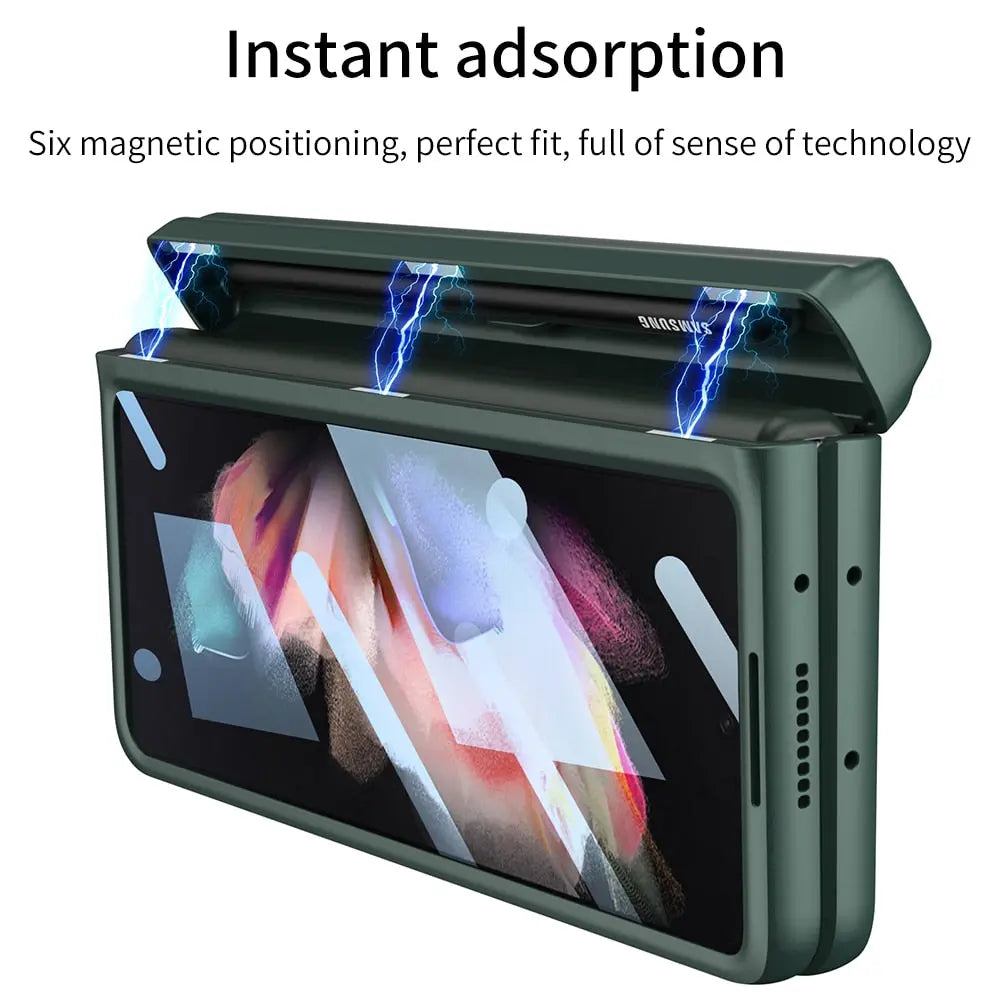 Magnetic Frame Stand All - included Screen Glass Film Case With Hidden S Pen Slot -Case With Pen For Samsung Galaxy Z Fold 4 /3 5G - theroxymob