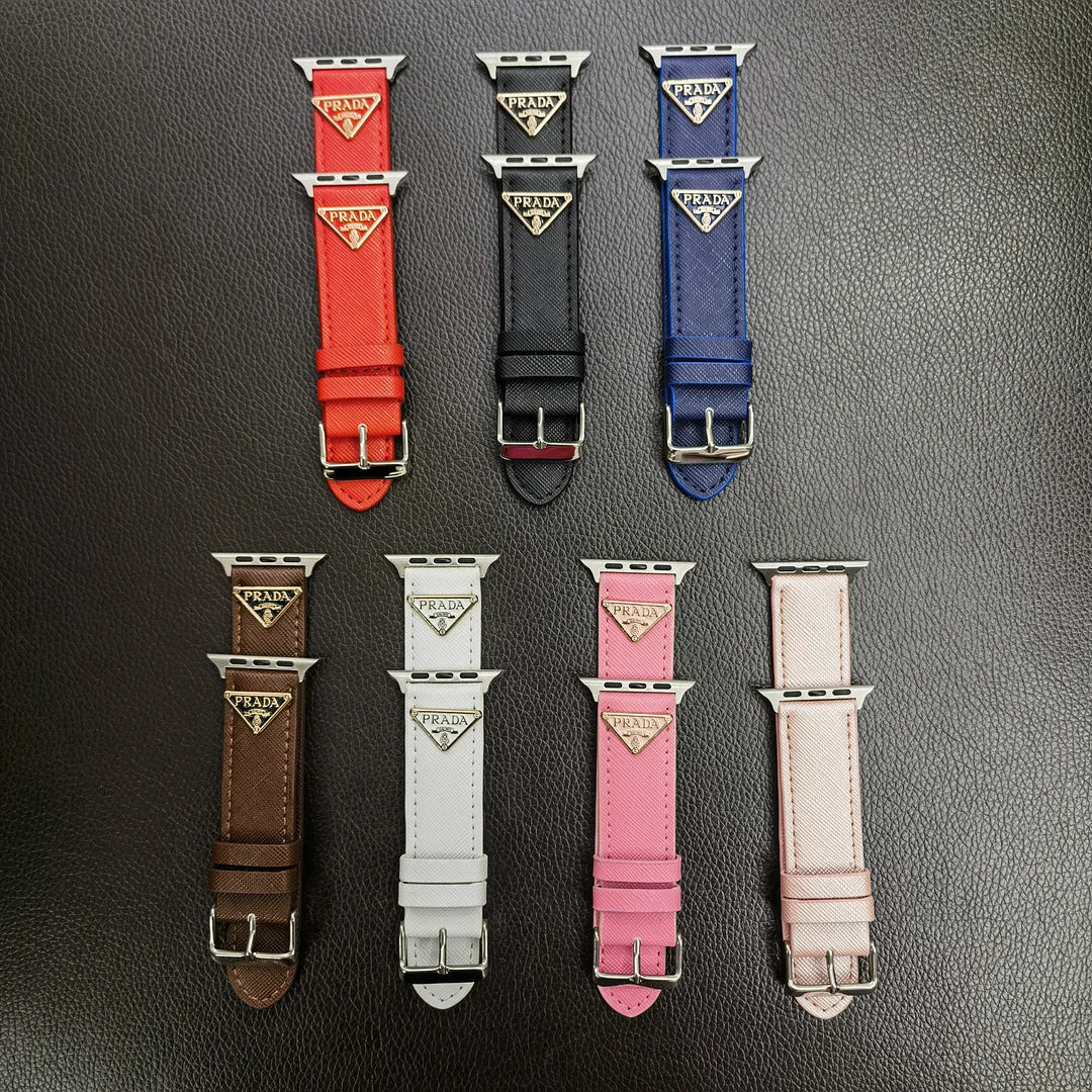 Double Triangle Monogram Label Leather Apple Watch Band Roxy New
