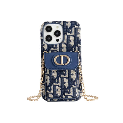 Dior Luxury iPhone Case with Chain, Card Slot, and Metal Logo
