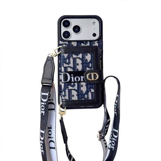 Dior Leather Phone Case With Card Wallet And Strap For iPhone 17 / 16 / 15 / 14