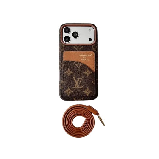 Luxury Monogram Cardholder Phone Case with Lanyard Strap For iPhone 13-18