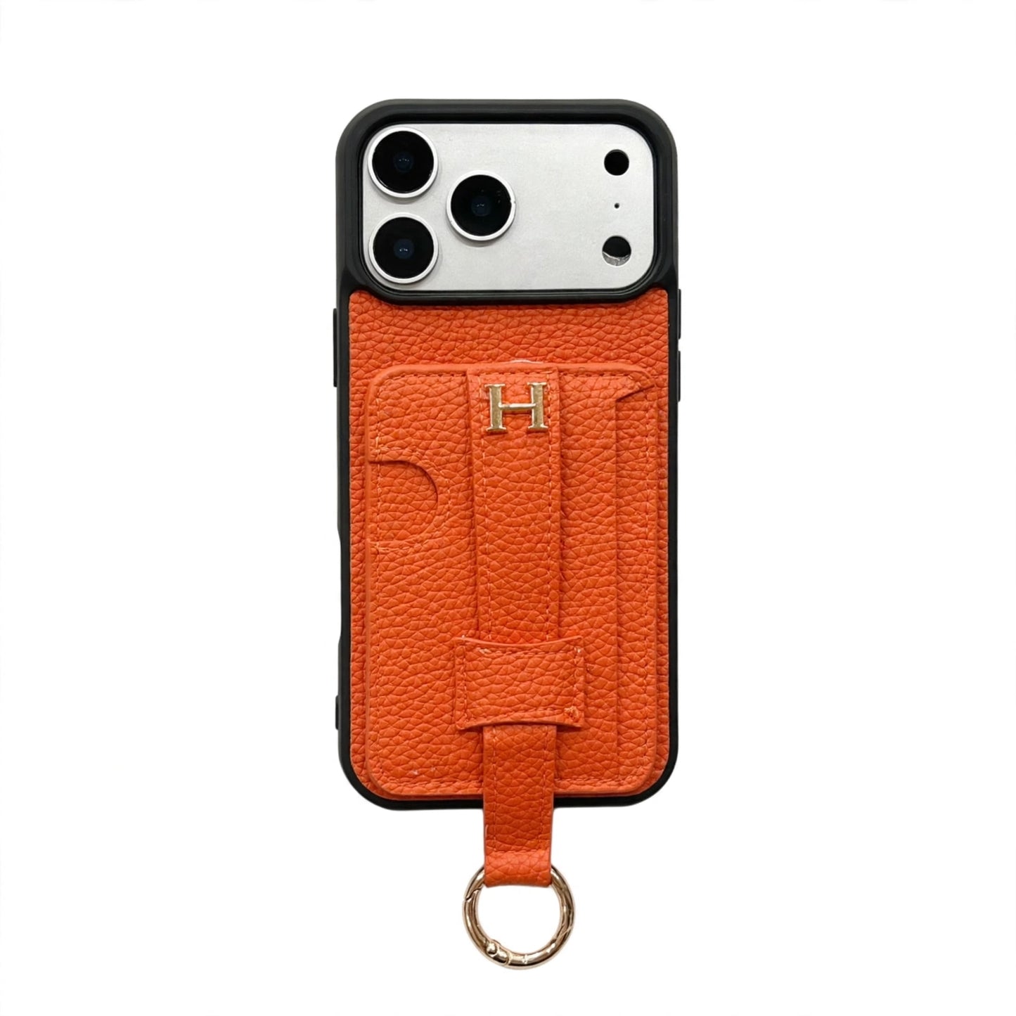 Luxury Pebbled Leather iPhone Case with Wallet Pocket Hand Strap