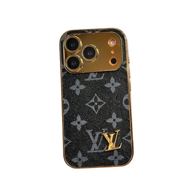 Elite Monogram Leather-Texture iPhone Case with Gold Accents