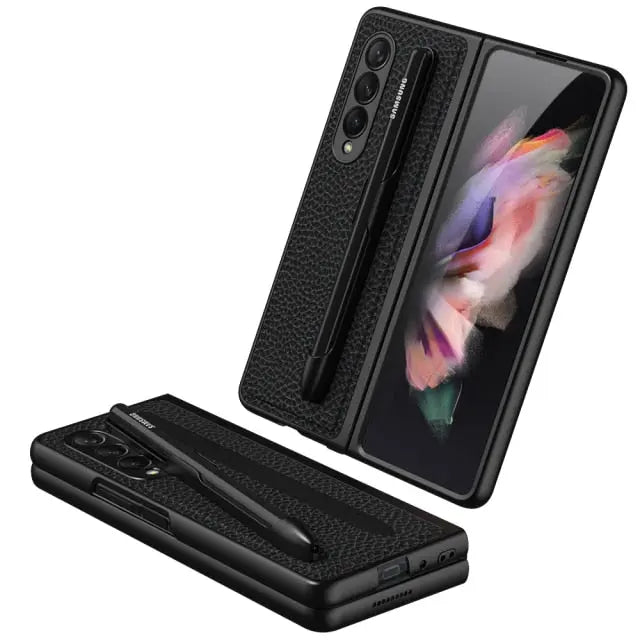 Luxury Leather With Pen Holder Ultra-thin Cover For Samsung Galaxy Z Fold 3 5G Case Camera Protection Coque Funda - theroxymob