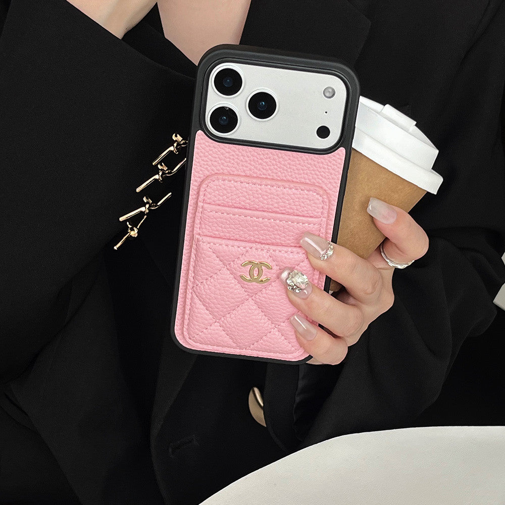 Leather Phone Case and Two Card Slots with Gold Label For iPhone 17/ 16 /15 / 14