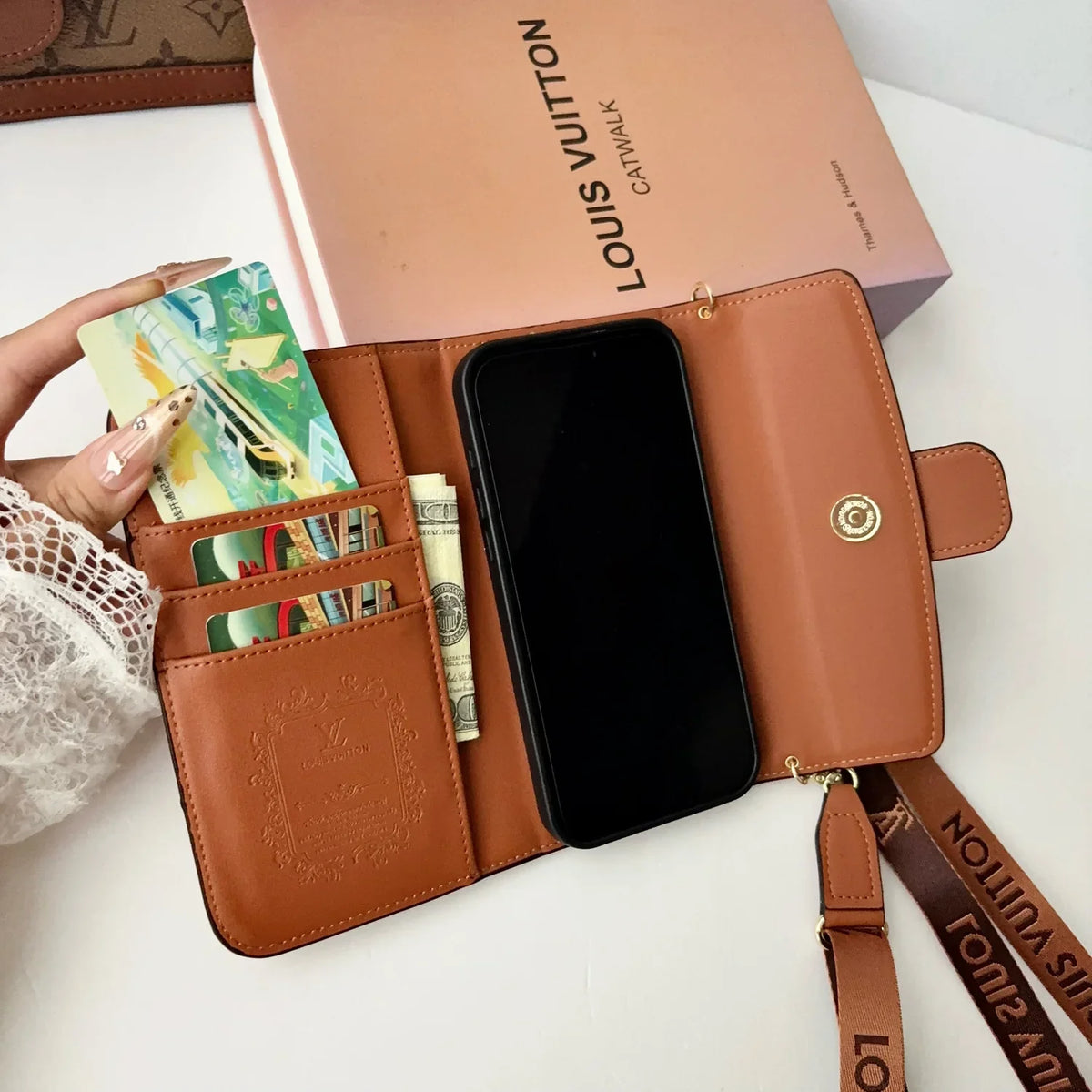 Luxury Leather Monogram iPhone Case With Flip Wallet And Crossbody Strap for iPhone 12-18 Pro & Pro Max