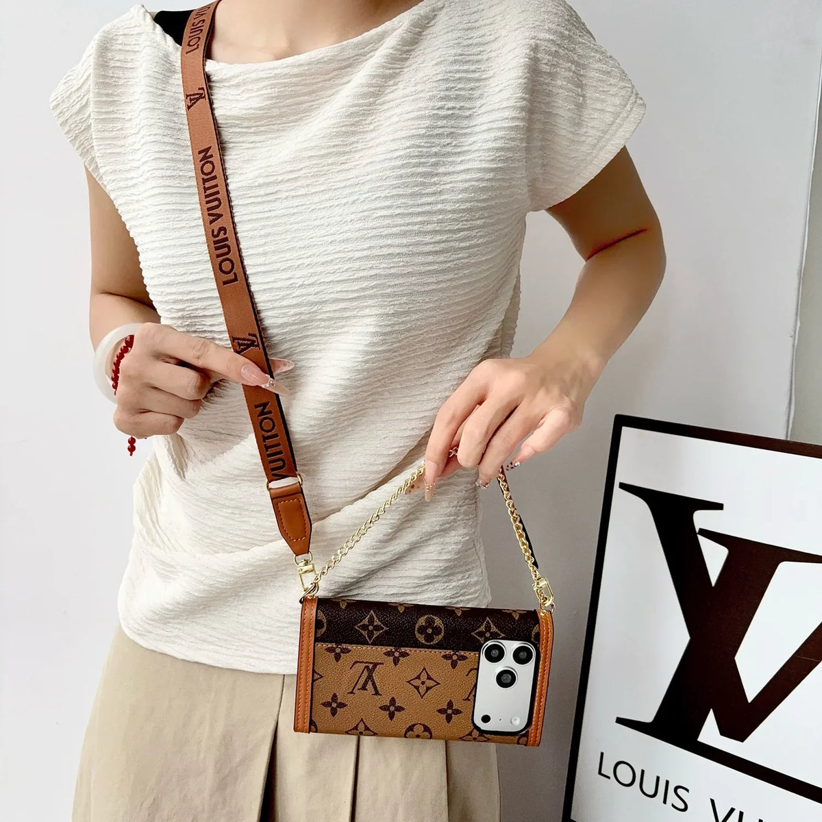 Luxury Leather Monogram iPhone Case With Flip Wallet And Crossbody Strap for iPhone 12-18 Pro & Pro Max