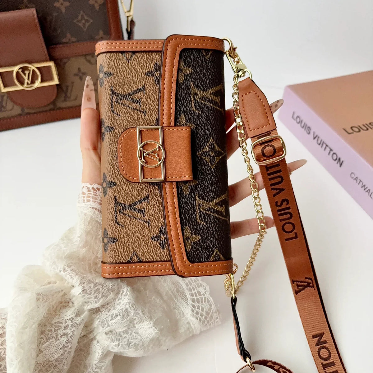 Luxury Leather Monogram iPhone Case With Flip Wallet And Crossbody Strap for iPhone 12-18 Pro & Pro Max