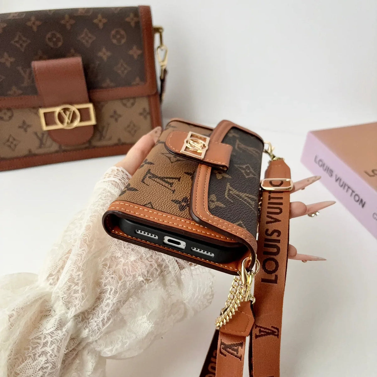Luxury Leather Monogram iPhone Case With Flip Wallet And Crossbody Strap for iPhone 12-18 Pro & Pro Max