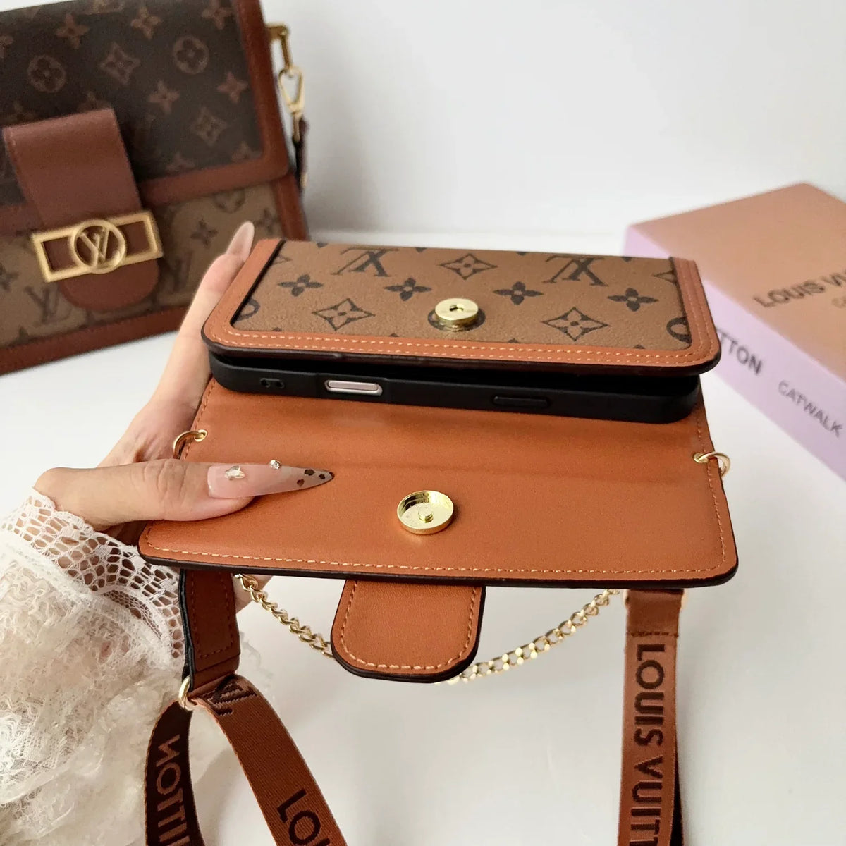 Luxury Leather Monogram iPhone Case With Flip Wallet And Crossbody Strap for iPhone 12-18 Pro & Pro Max